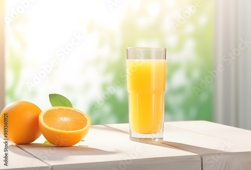 Fresh Orange Juice with Sliced Oranges on White Wooden Table