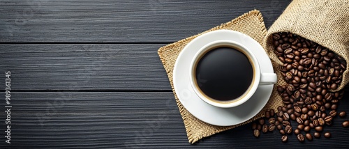 Rich Black Coffee Cup and Beans on Rustic Wooden Surface, Warm Brown Tones, Minimalist Aesthetic