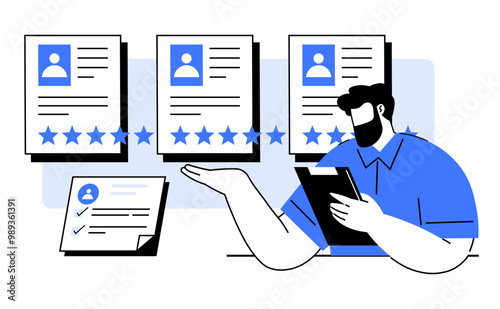 A person is reviewing candidate profiles with ratings. Papers with profiles and star ratings are visible. Ideal for hiring, recruitment, HR management, job applications, and candidate assessment