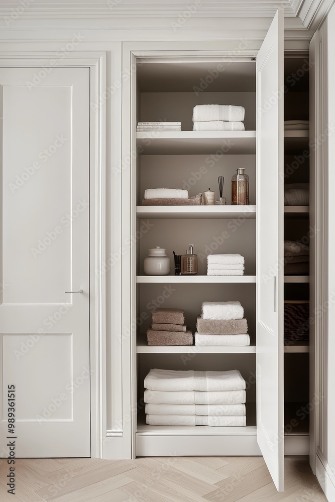 Sleek White Cabinet with Open Door and Stylish Interior Shelves, Minimalist Home Decor Concept, Symmetrical Composition with Herringbone Floor, Contemporary Interior Design Inspiration Sleek White Cabinet with Open Door and Stylish Interior Shelves, Minimalist Home Decor Concept, Symmetrical Composition with Herringbone Floor, Contemporary Interior Design Inspiration