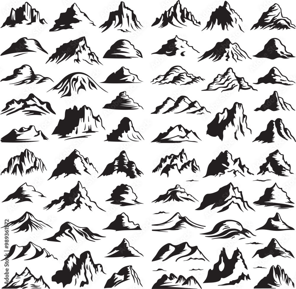 Fototapeta premium Set of Different Types of Black Mountains Silhouettes Against a White Background