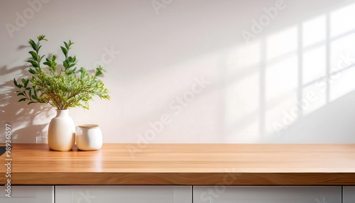 Kitchen wooden countertop on white wall background. Minimalistic room with tabletop and plant in vase for product presentation. Clean closeup mockup.
 photo