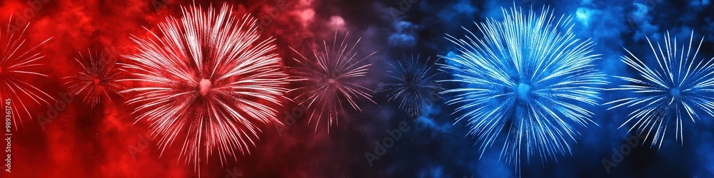 Fototapeta premium Red to blue gradient fireworks display on dark sky