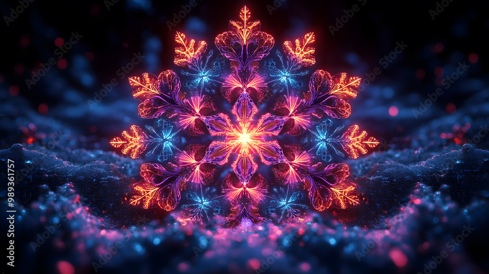 Fototapeta premium Vibrant snowflake design featuring neon colors on a dark background in a winter-inspired digital artwork. Generative AI