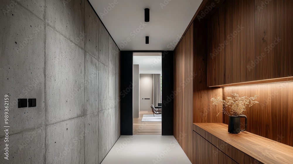 Symmetrical Modern Home Hallway with Concrete Wall and Wood Paneling Leading to Stylish Living Space - Minimalist Interior Design Concept Symmetrical Modern Home Hallway with Concrete Wall and Wood Paneling Leading to Stylish Living Space - Minimalist Interior Design Concept