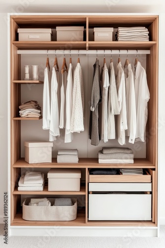 Symmetrical Minimalist Wardrobe with Neatly Arranged White Shirts, Tranquil Closet Scene in Warm Neutrals on Gray Carpet, Home Organization Concept