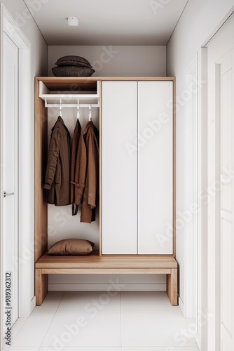 Symmetrical Wooden Cabinet in Minimalist Entryway with Tranquil White Decor and Soft Lighting - Modern Home Interior Inspiration