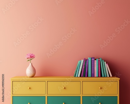 Symmetrical Yellow and Green Dresser on Pink Wall - Minimalist Home Decor and Interior Design Concept