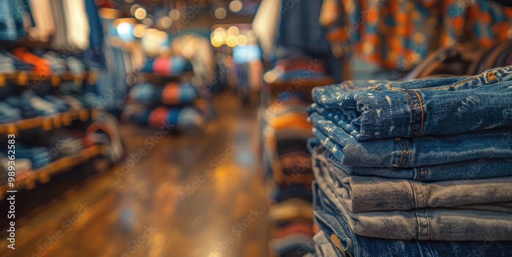 A stack of folded jeans in a clothing store, with other clothing items and shelves visible in the background. Selective focus.
A stack of folded jeans in a clothing store, with other clothing items and shelves visible in the background. Selective focus.