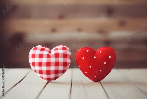 Red and White Fabric Hearts on Wooden Table