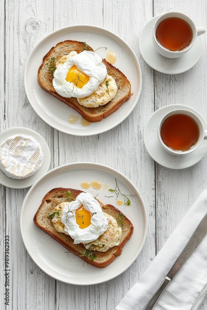 Symmetrical Breakfast Serenity Poached Eggs on Toast and Tea on Minimalist White Table - Elegant Morning Delight Concept Symmetrical Breakfast Serenity Poached Eggs on Toast and Tea on Minimalist White Table - Elegant Morning Delight Concept