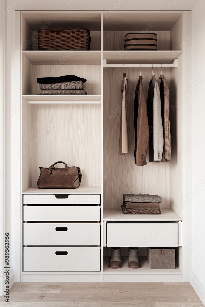 Symmetrical Closeup of White Wood Grain Closet with Hanging Clothes and Brown Leather Bag, Minimalist Interior Design Concept Symmetrical Closeup of White Wood Grain Closet with Hanging Clothes and Brown Leather Bag, Minimalist Interior Design Concept