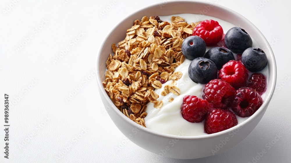 Wholesome Breakfast Delight Close-up of White Bowl with Yogurt, Granola, Berries on Textured Surface - Fresh, Nutritious, Morning Indulgence Wholesome Breakfast Delight Close-up of White Bowl with Yogurt, Granola, Berries on Textured Surface - Fresh, Nutritious, Morning Indulgence