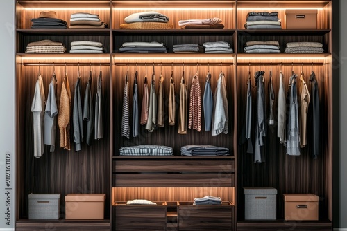 Symmetrical Luxury Closet Organization with Dark Wood Shelves and Elegant Textiles in Warm Lighting - Interior Design Concept