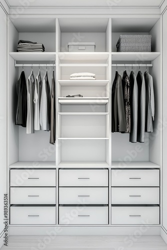 Symmetrical White Closet with Organized Storage - Minimalist Bedroom Organization Concept with Clothing Display, Home Decor Inspiration