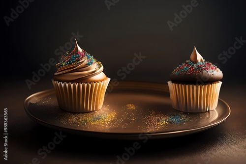 chocolate cupcakes with frosting and sprinkles photo