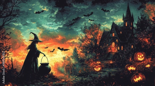 A witch brews a potion under a moody sky, surrounded by glowing pumpkins and silhouetted bats at twilight