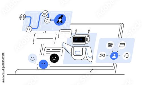 A digital robot interacts with users on a computer screen, surrounded by icons and chat bubbles. Ideal for technology innovation communication design AI integration customer service and user