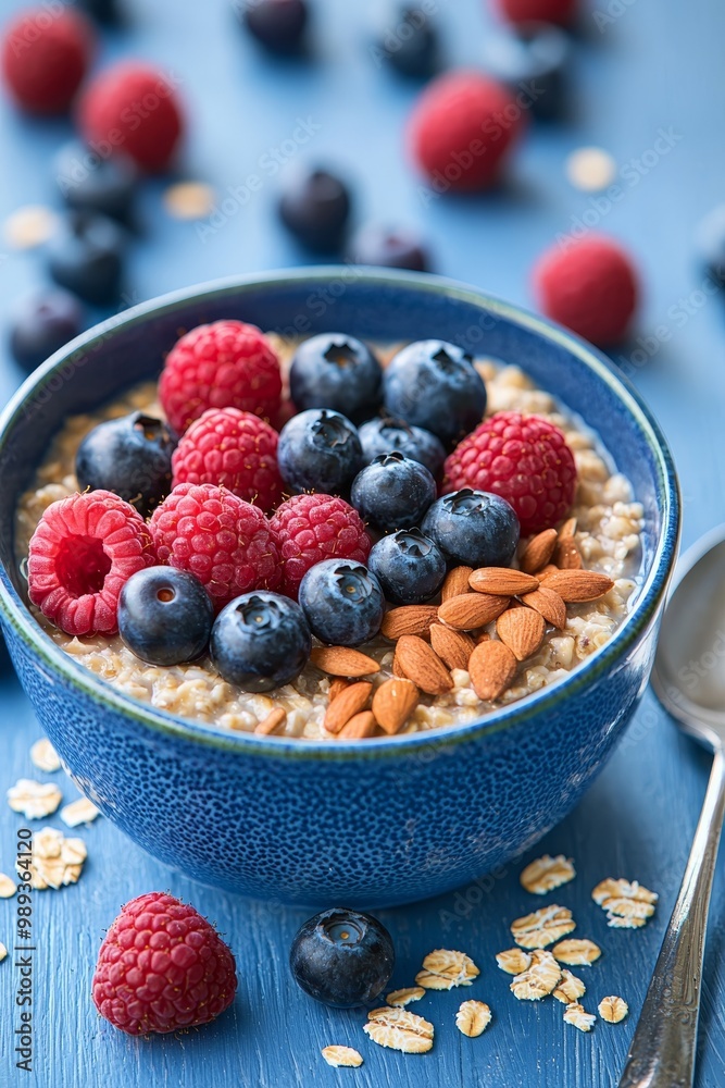 Vibrant Blueberry and Raspberry Oatmeal Bowl on Wooden Table - Delicious Breakfast Concept with Healthy Ingredients in Close-Up View Vibrant Blueberry and Raspberry Oatmeal Bowl on Wooden Table - Delicious Breakfast Concept with Healthy Ingredients in Close-Up View