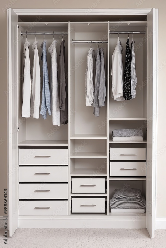 Elegant White Closet Interior with Organized Storage Space in Modern Bedroom - Minimalist Home Organization Concept Elegant White Closet Interior with Organized Storage Space in Modern Bedroom - Minimalist Home Organization Concept