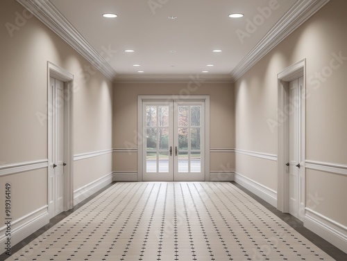 Elegant Symmetry Tranquil Hallway with French Doors, Beige Walls, and Garden View Neutral Interior Design Concept