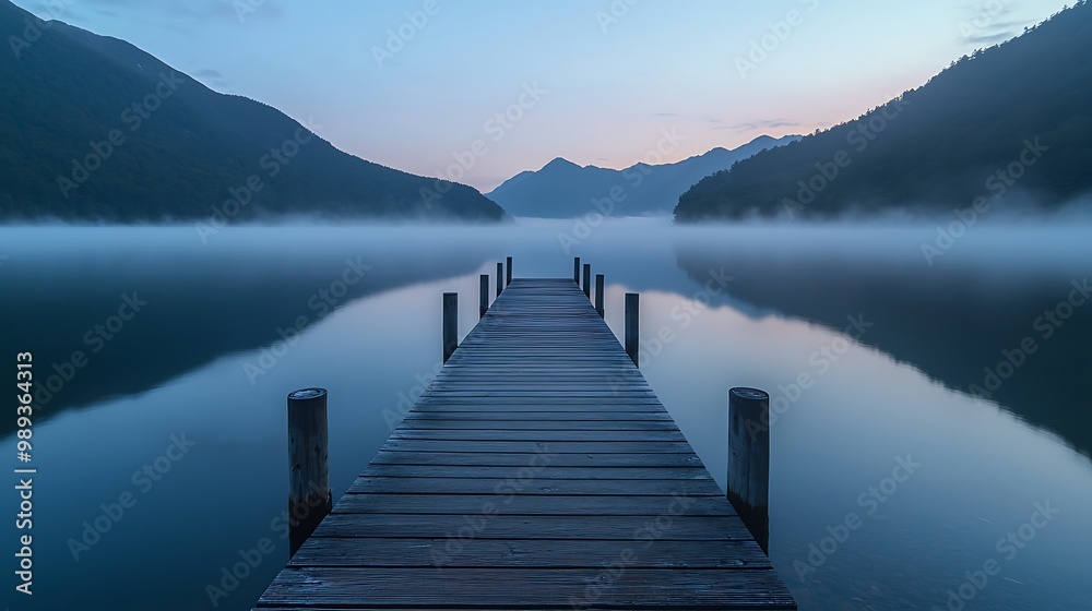 Fototapeta premium Tranquil Sunrise: Wooden Pier on Calm Lake with Misty Mountains in the Background