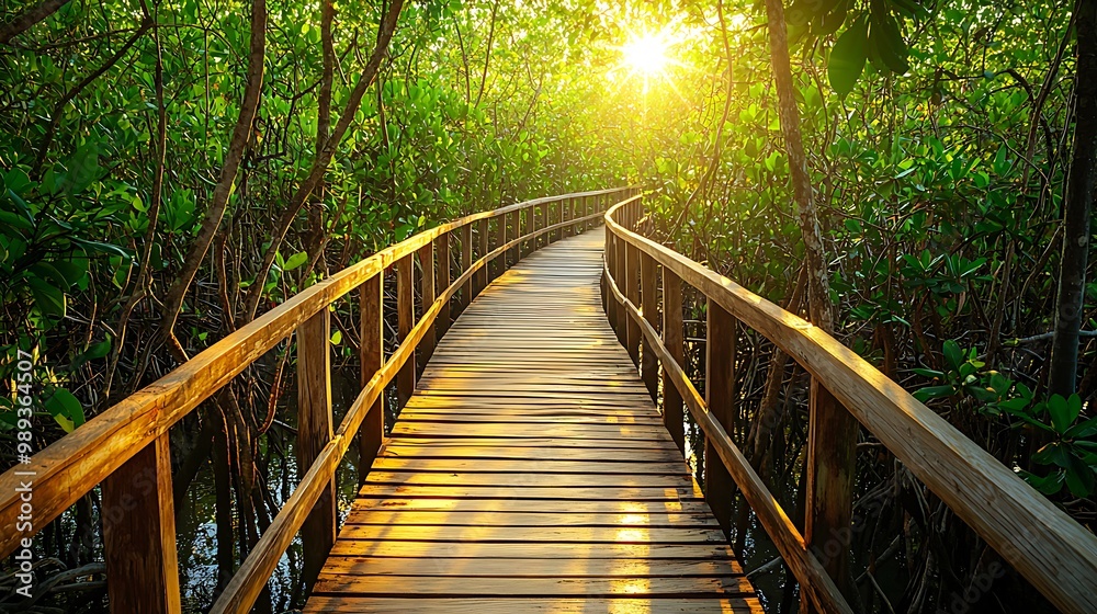 Fototapeta premium Serene Wooden Boardwalk Through Mangrove Forest with Sunlight Filtering Through Canopy