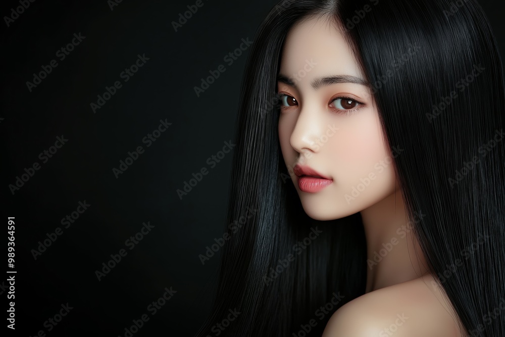 Fototapeta premium close up Asian woman hair advertising concept, healthy smooth silky shiny black hair with elegance flow curve