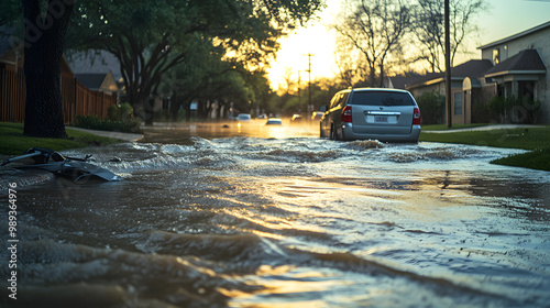 Street, water and floods from storm or rain in winter weather with damage and car in Texas. Climate change, environment and hurricane with natural disaster, emergency and crisis for community photo