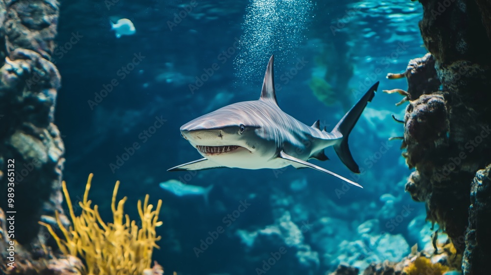 Fototapeta premium shark swimming underwater with coral reef 