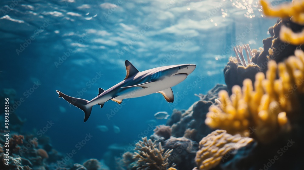 Fototapeta premium shark swimming underwater with coral reef 