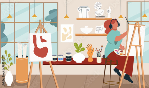 Interior of art studio. Classroom, creative class workshop, drawing school. Painting studio with paper, canvas on easels, tools, supplies, girl painting. Hand drawn flat vector illustration.