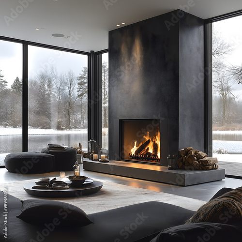 A sleek black minimalist fireplace adds warmth to a cozy lakeside living room during the winter season. Generative AI photo