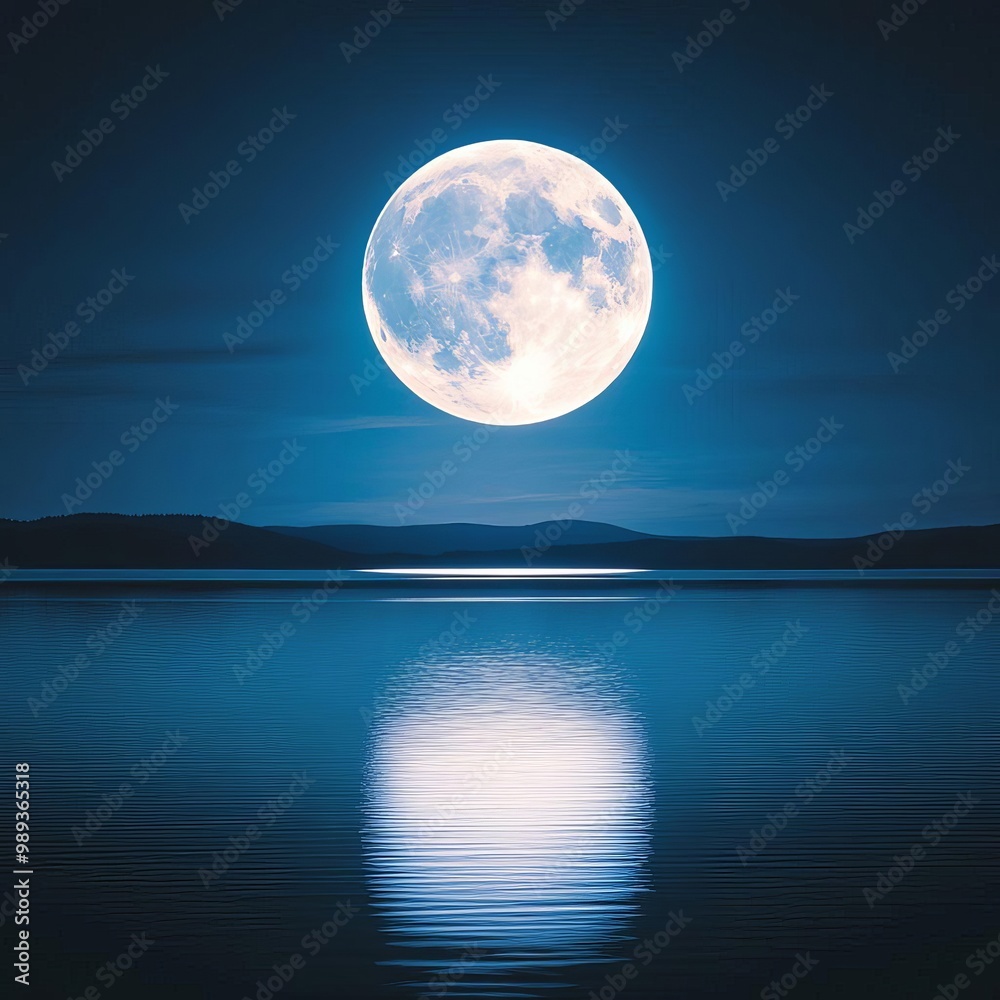 Full Moon Over Peaceful Lake with Shimmering Reflection at Night Full Moon Over Peaceful Lake with Shimmering Reflection at Night