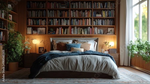 A stylish bed with an integrated bookshelf in a contemporary bedroom.