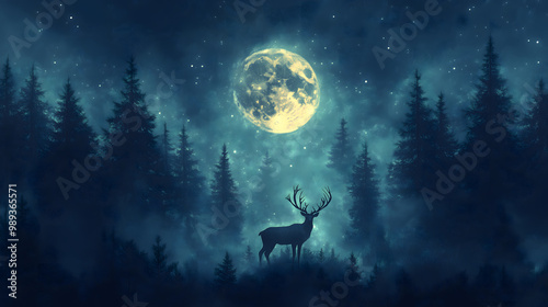 Reindeer silhouettes under a full moon in a misty forest at nighttime create a serene and magical atmosphere. Generative AI