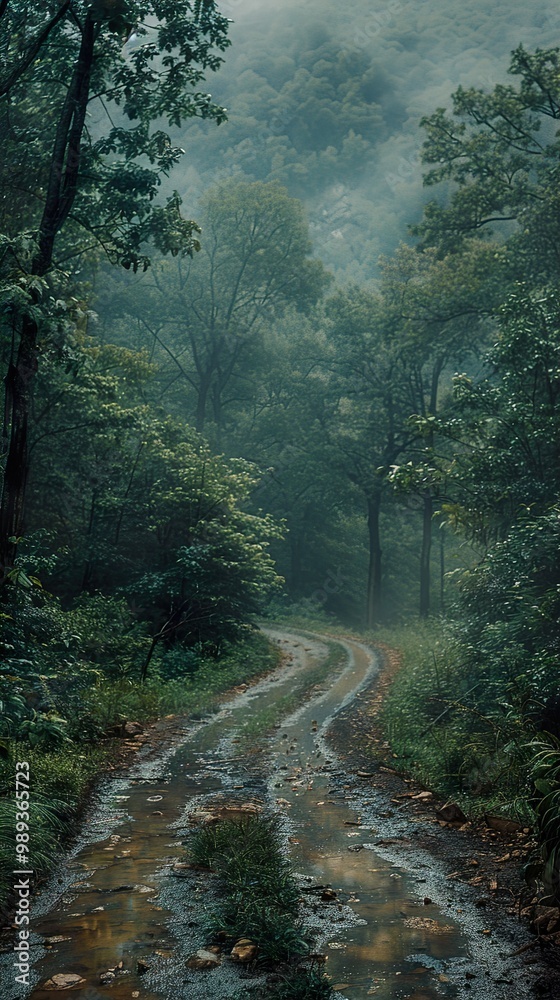 Winding Forest Path Through Foggy Trees Winding Forest Path Through Foggy Trees