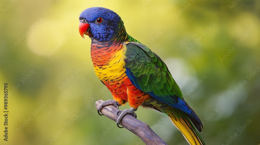 Naklejka premium colorful parrot bird in lush green nature landscape, tranquil forest, bird in nature background