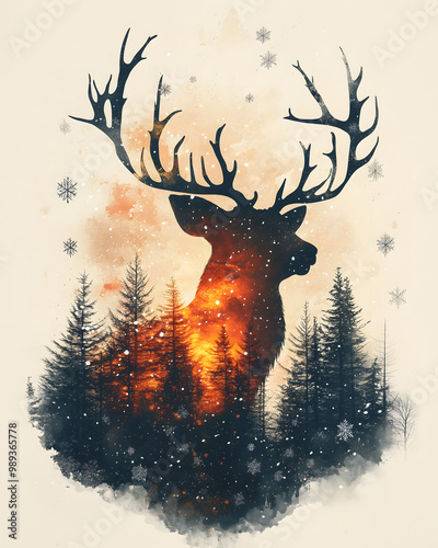 Reindeer silhouettes framed by a vibrant cosmic background featuring stars and trees in a winter landscape. Generative AI