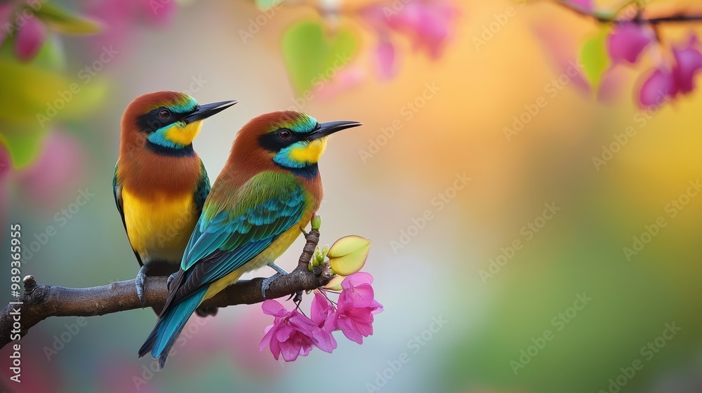 romantic colorful bird couple lover in lush green nature landscape, tranquil forest romantic colorful bird couple lover in lush green nature landscape, tranquil forest