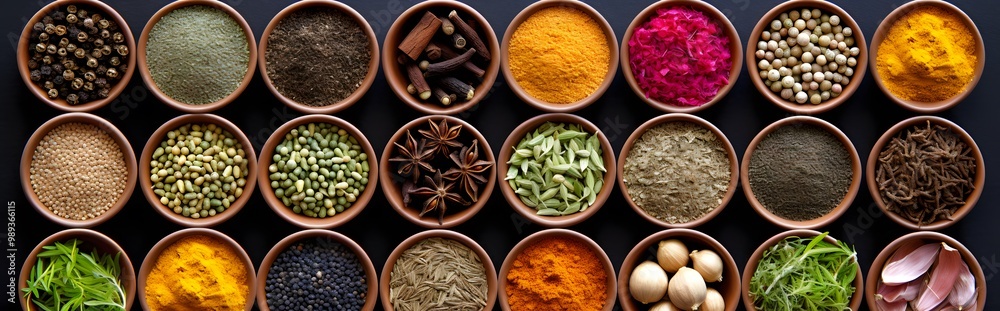 Colorful Spices and Herbs in Bowls Top View Colorful Spices and Herbs in Bowls Top View