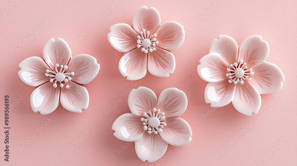 Tranquil Beauty: Ceramic Cherry Blossom Pins on Pale Pink Background Tranquil Beauty: Ceramic Cherry Blossom Pins on Pale Pink Background