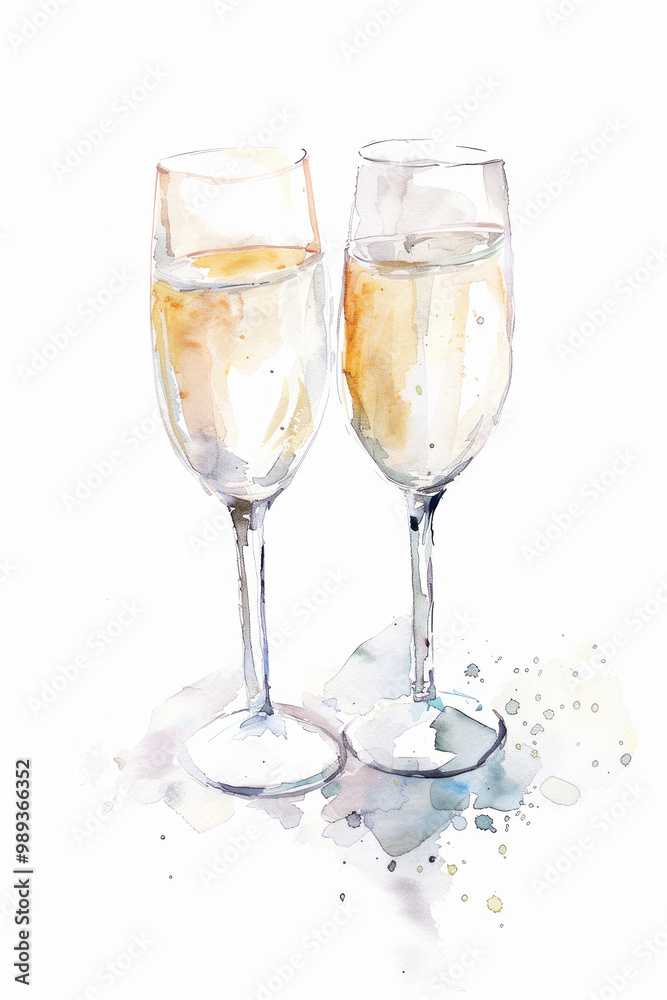 Watercolor drawing of clinking glasses of champagne on a white background. Wedding, celebration. Celebration card. Watercolor drawing of clinking glasses of champagne on a white background. Wedding, celebration. Celebration card.