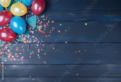 Colorful Balloons & Confetti on Blue Wood Background