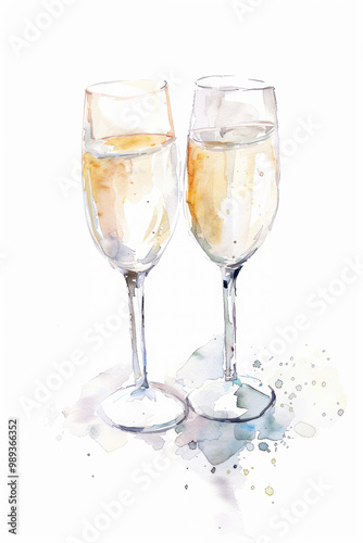 Watercolor drawing of clinking glasses of champagne on a white background. Wedding, celebration. Celebration card.