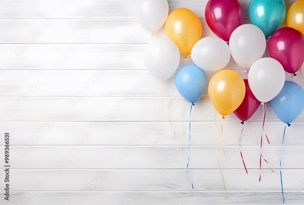 Colorful Balloons on White Wooden Background Colorful Balloons on White Wooden Background