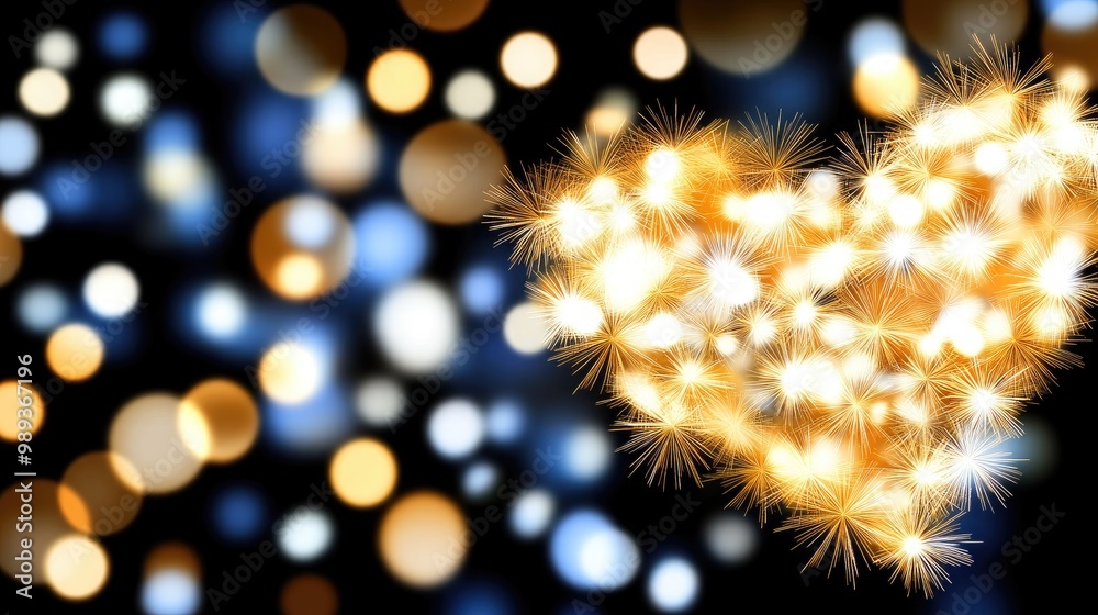 Obraz premium A glowing heart of golden particles lights up a dark background, creating a captivating bokeh effect in a unique artistic way