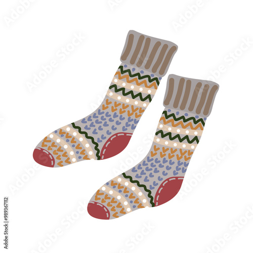 Pair of warm wool knitted socks with an ornament. . Color flat vector illustration on a white background. Isolated