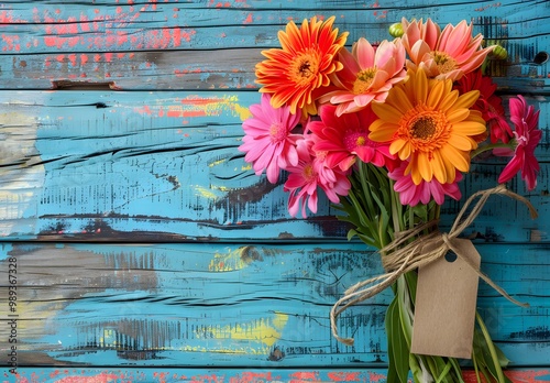 Colorful Flower Bouquet on Rustic Blue Wood