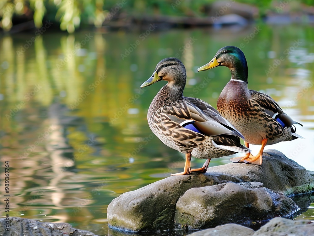 Two Ducks Perched on a Rock by the Water Two Ducks Perched on a Rock by the Water